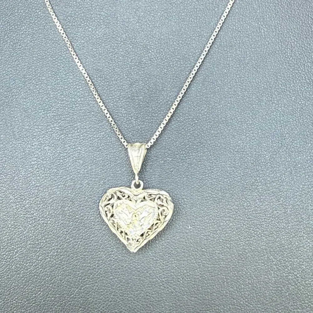 VTG STERLING SILVER 20” Chain Necklace DIAMOND CUT HEART PENDANT Filigree Birds
